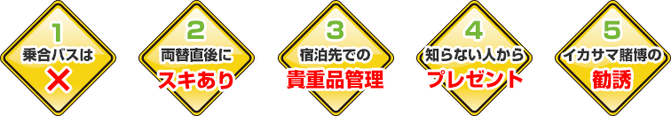 1.乗り合いバスはダメ、2.両替直後にスキあり、3.宿泊先での貴重品管理、4.知らない人からプレゼント、5.イカサマ賭博の勧誘